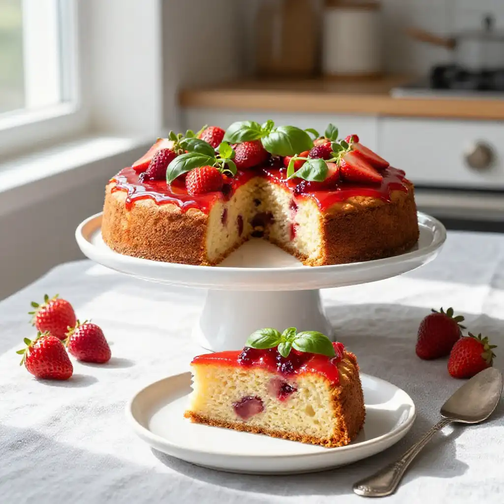 Summer Strawberry and Sweet Basil Cake plated dish