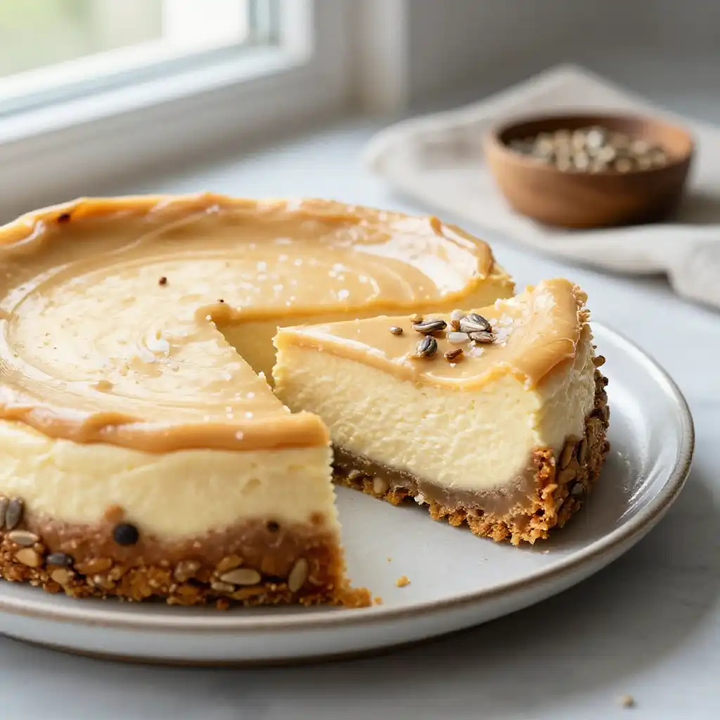 Creamy Sunflower Seed Butter Cheesecake plated dish