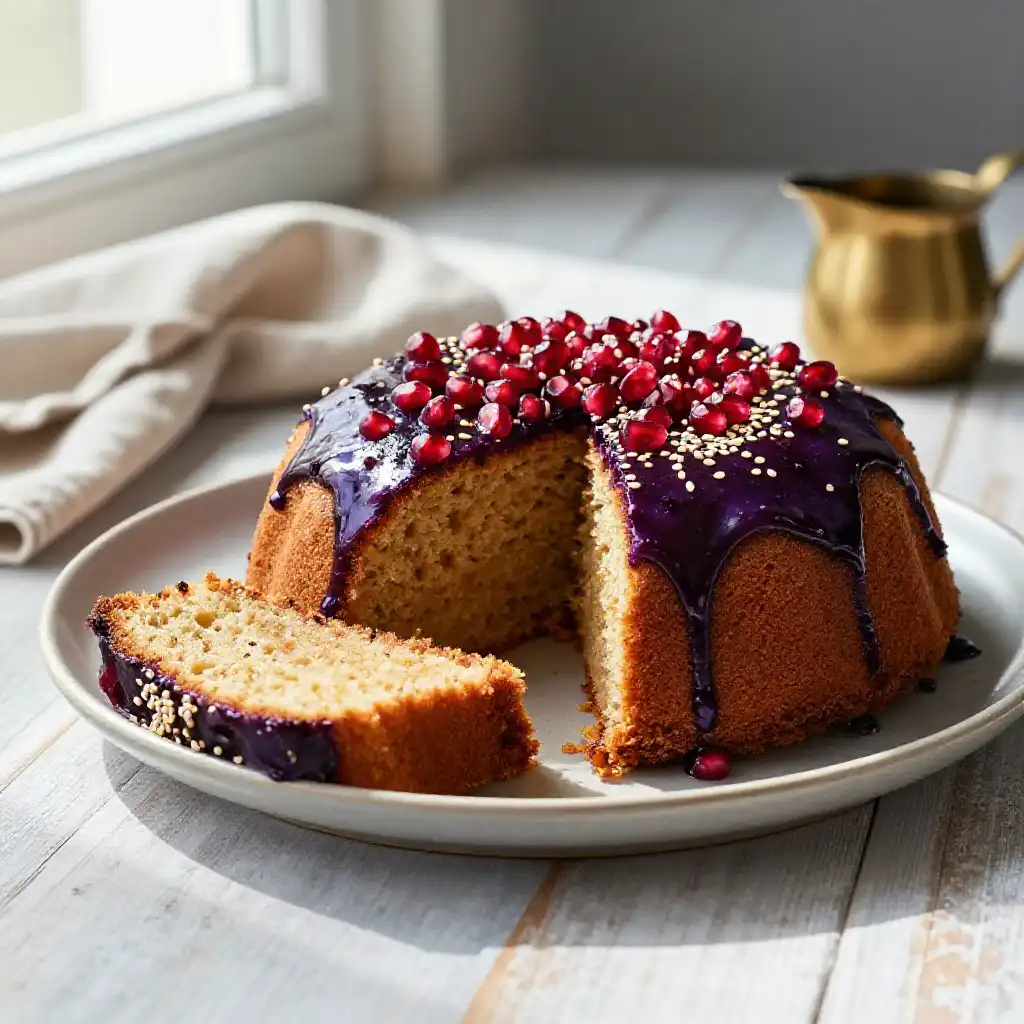 Tahini and Pomegranate Molasses Cake plated dish