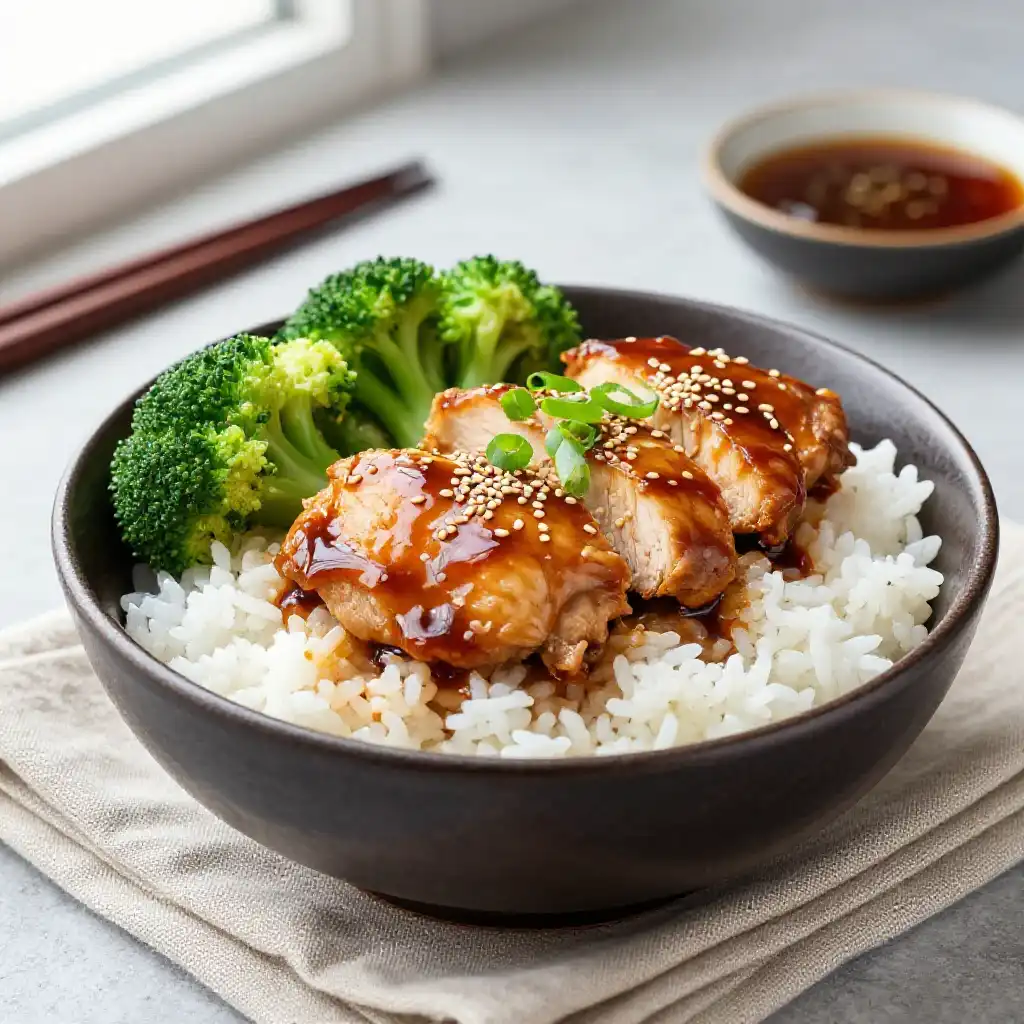 Teriyaki Chicken Rice Bowl with Steamed Broccoli plated dish