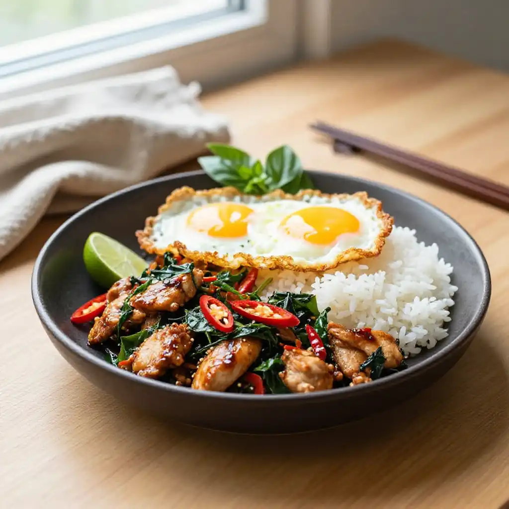 Thai Basil Chicken Stir-Fry (Pad Krapow Gai) plated dish