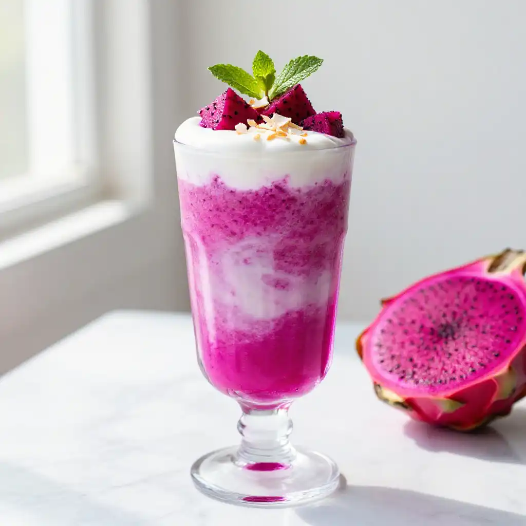 TikTok Viral Pink Dragon Fruit Smoothie with Coconut Cream plated dish