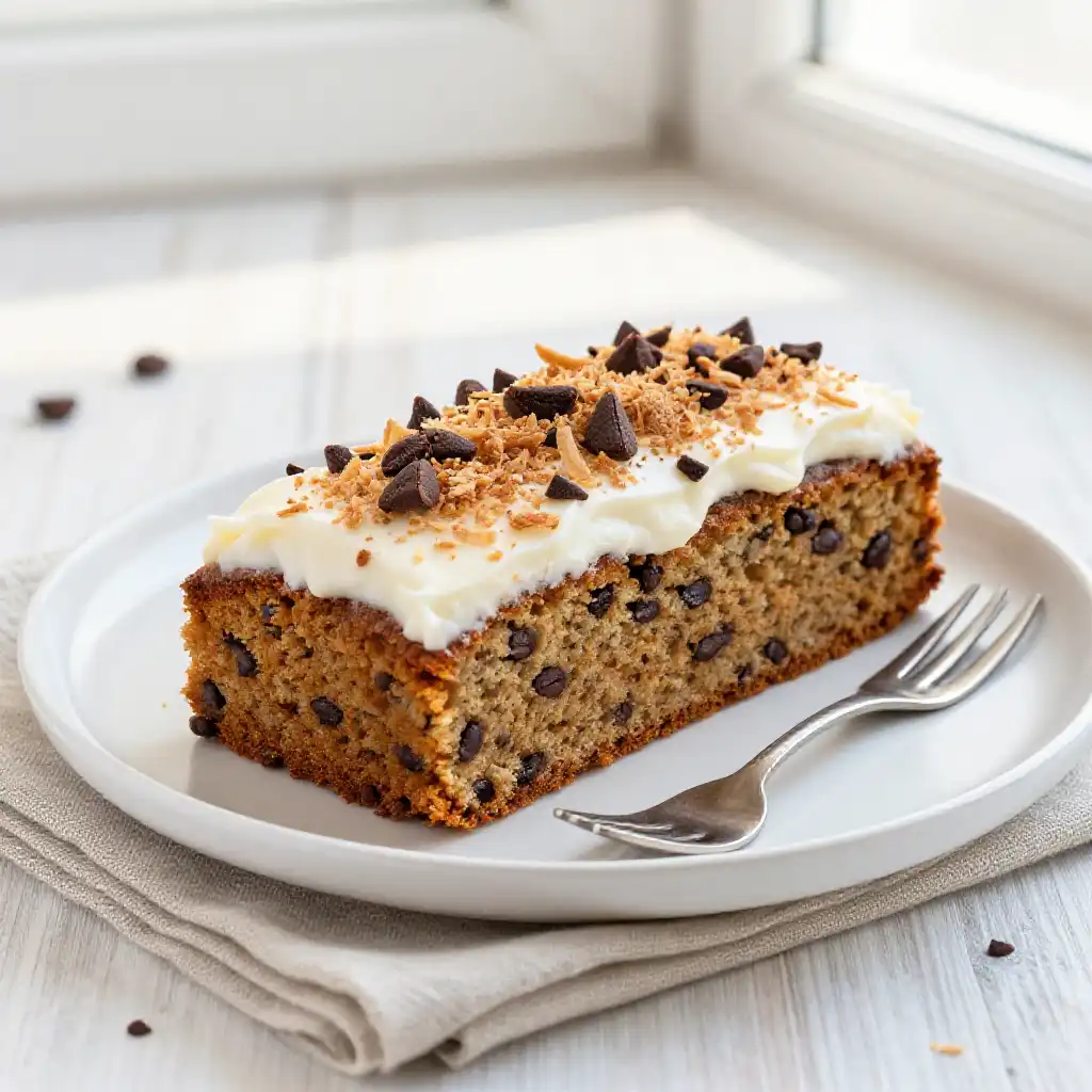 Toasted Coconut and Cacao Nib Cake plated dish