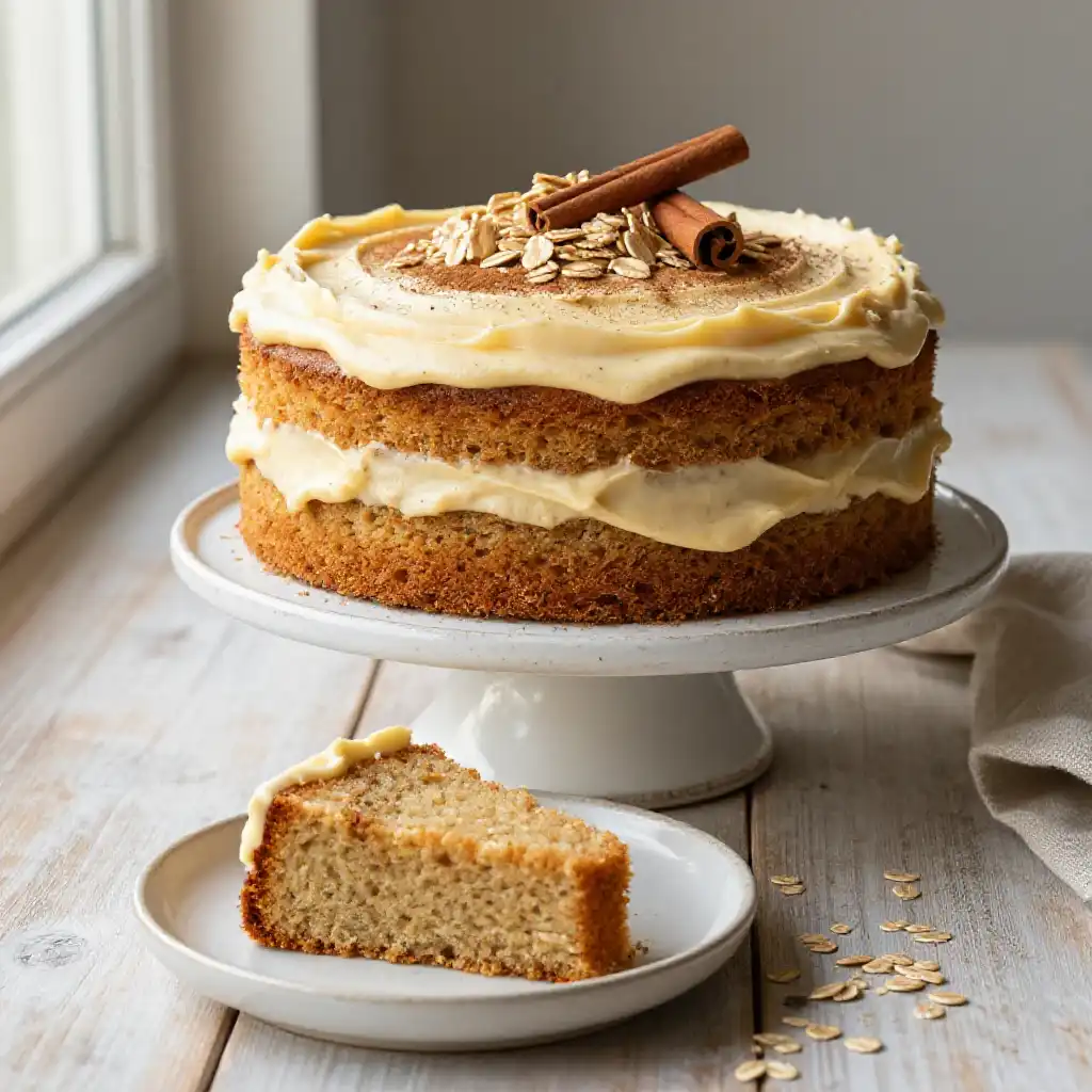Toasted Oat and Cinnamon Layer Cake plated dish