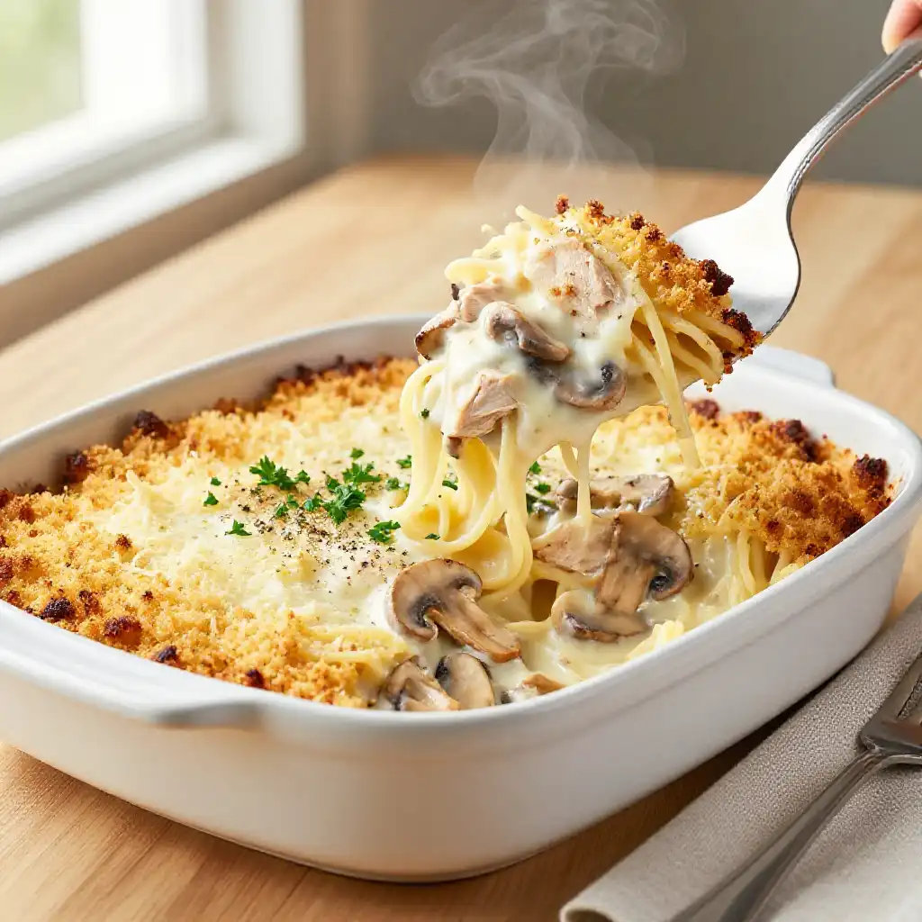 Creamy Turkey Tetrazzini Casserole with Mushrooms plated dish