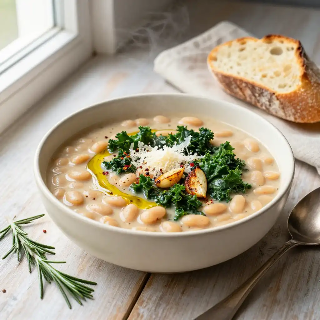 Tuscan White Bean Soup with Kale and Garlic plated dish