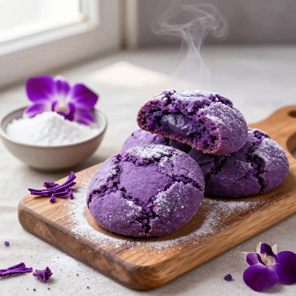 Ube Crinkle Cookies plated dish