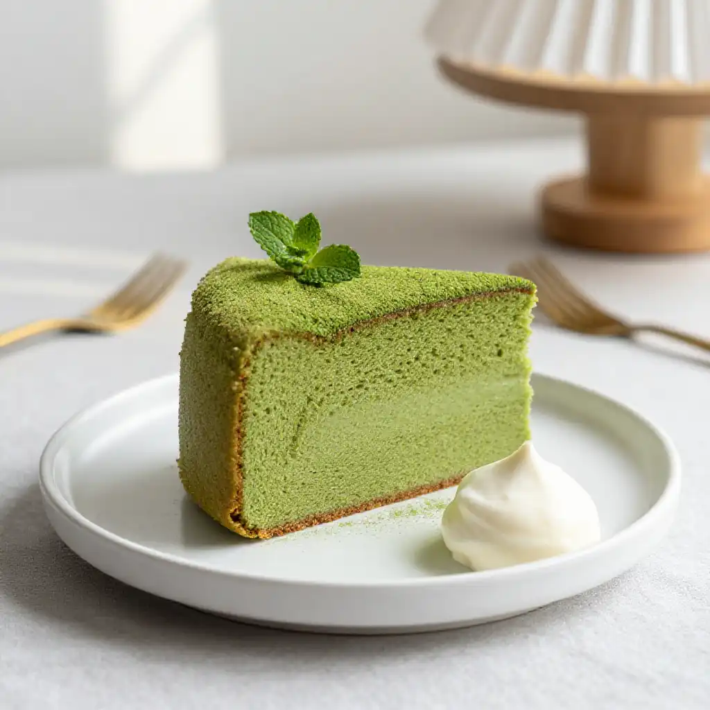 Unfrosted Matcha Chiffon Cake plated dish