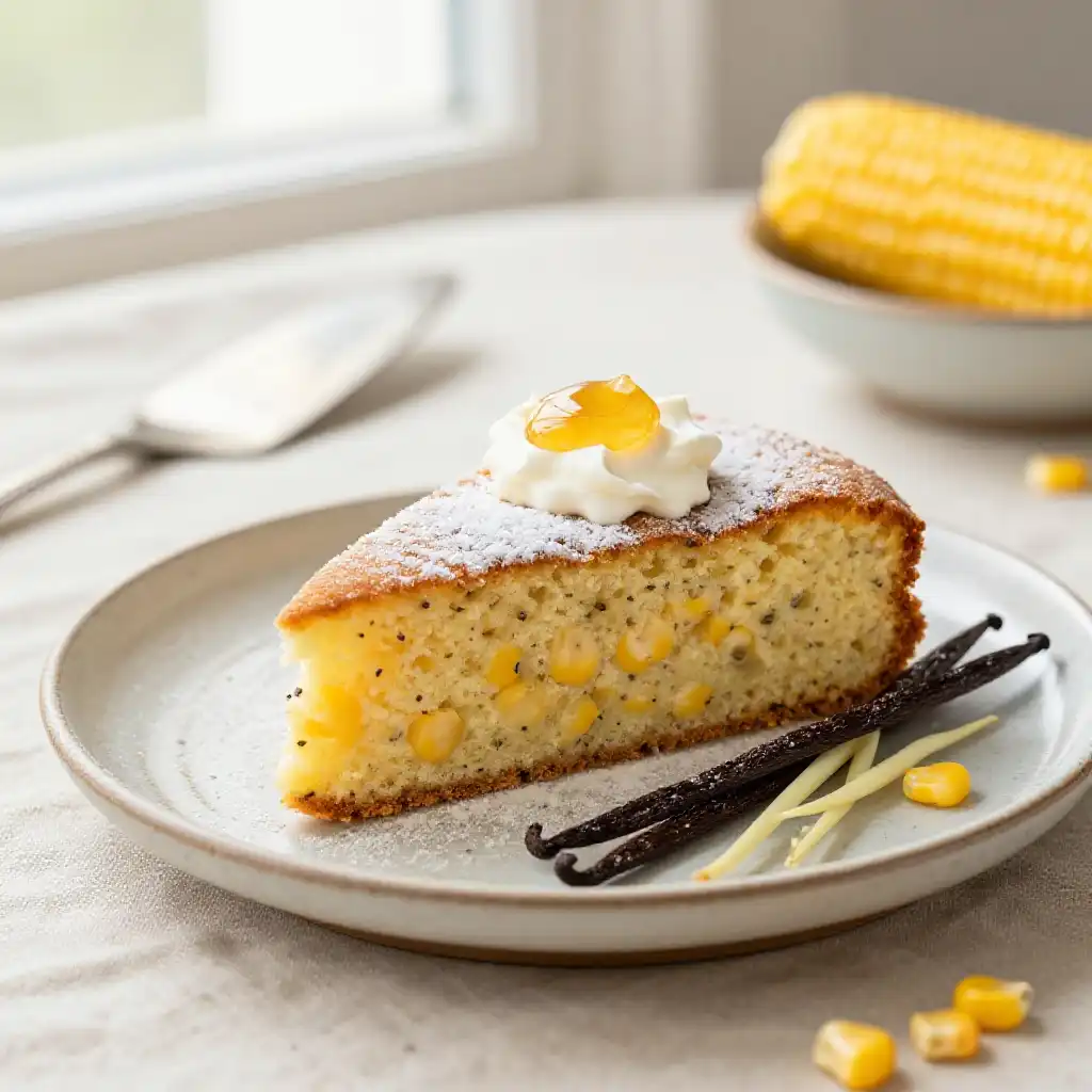 Vanilla Bean and Sweet Corn Cake plated dish