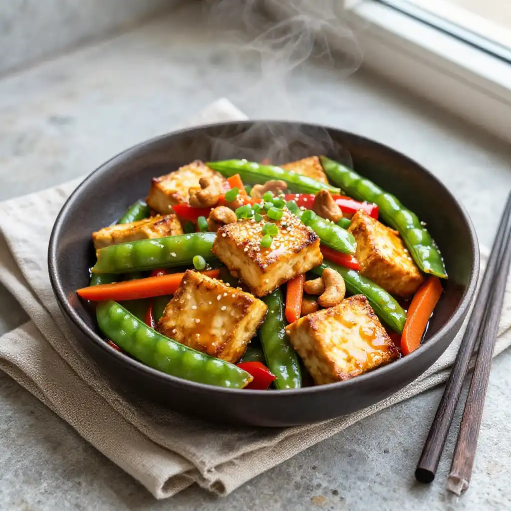 Vegetable Stir-Fry with Tofu and Cashews plated dish