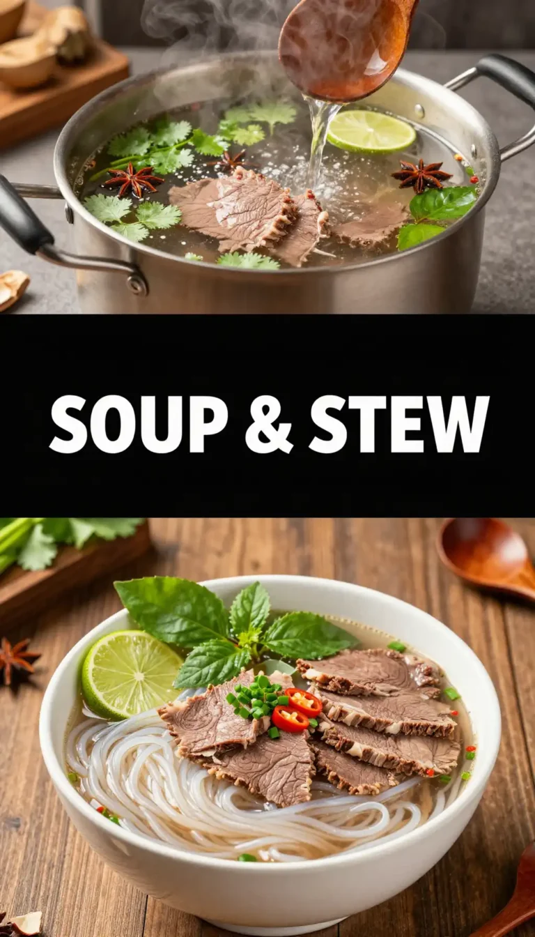 Vietnamese Beef Pho with Rice Noodles and Herbs