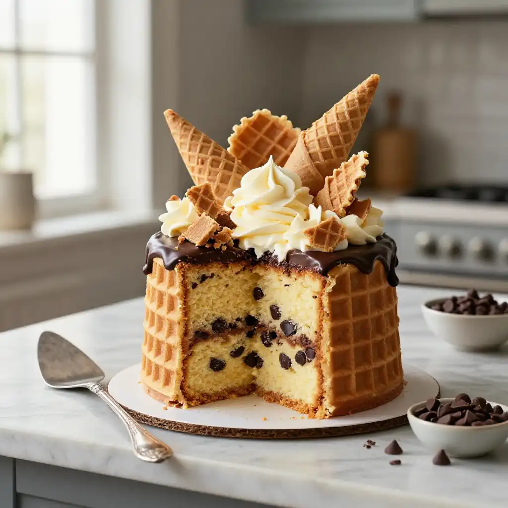Waffle Cone and Chocolate Chip Cake plated dish