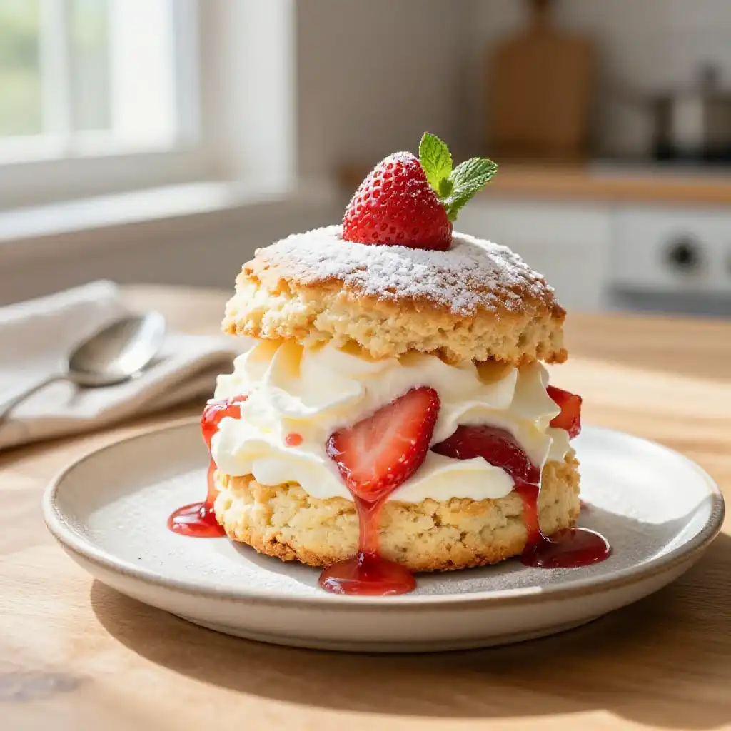 Classic Whipped Cream and Fresh Strawberry Shortcake plated dish