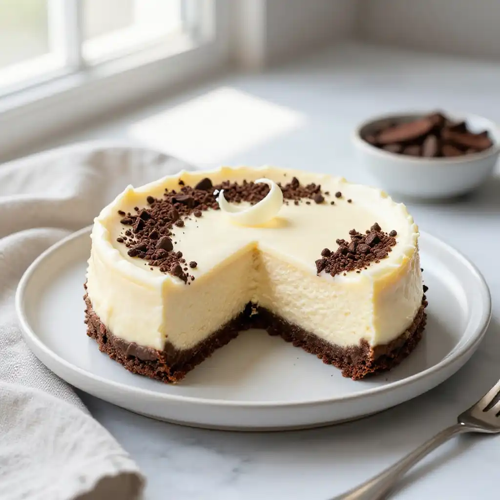 White Chocolate and Cocoa Nib Cheesecake plated dish
