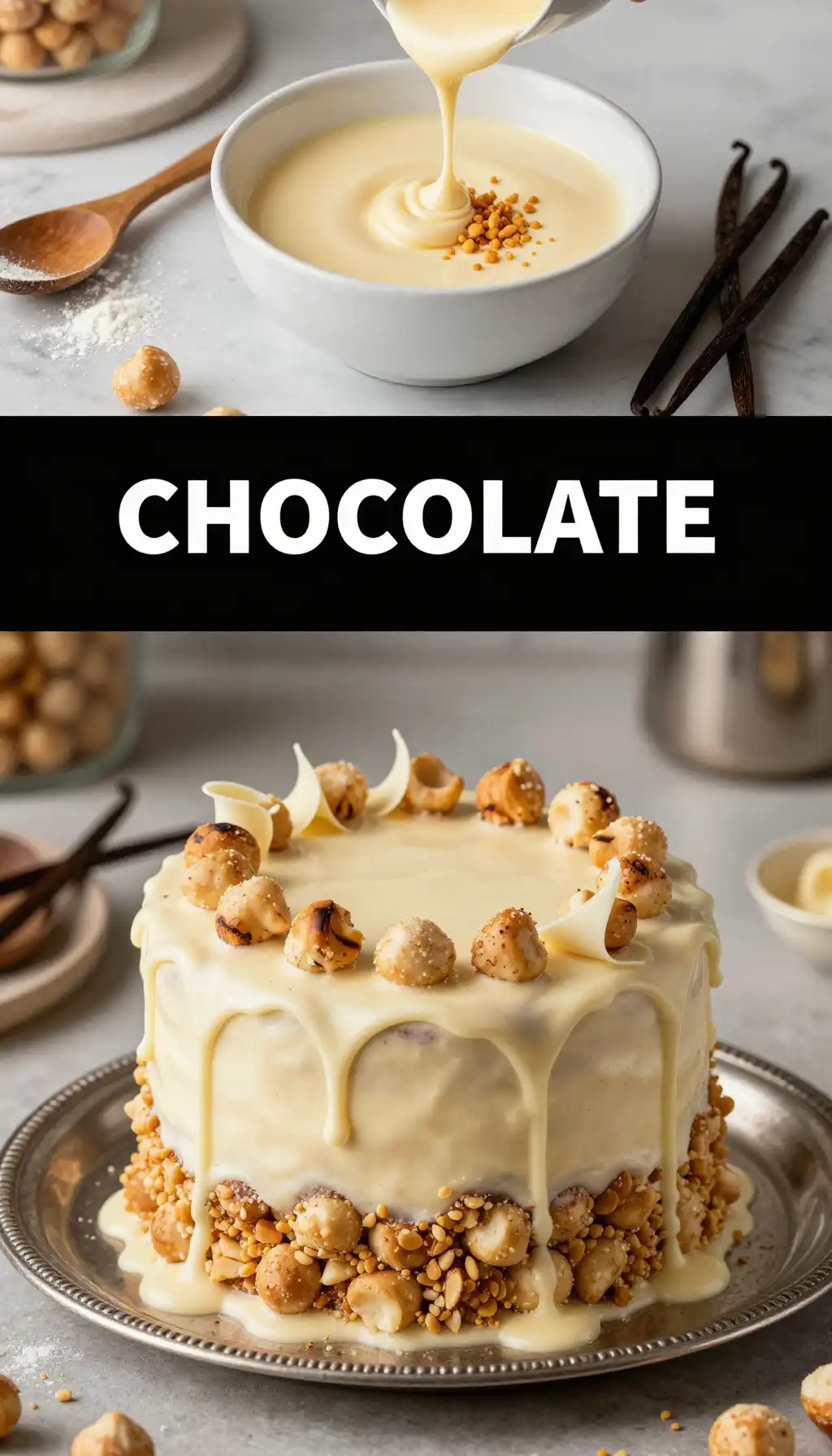 White Chocolate and Roasted Macadamia Cake pinterest pin