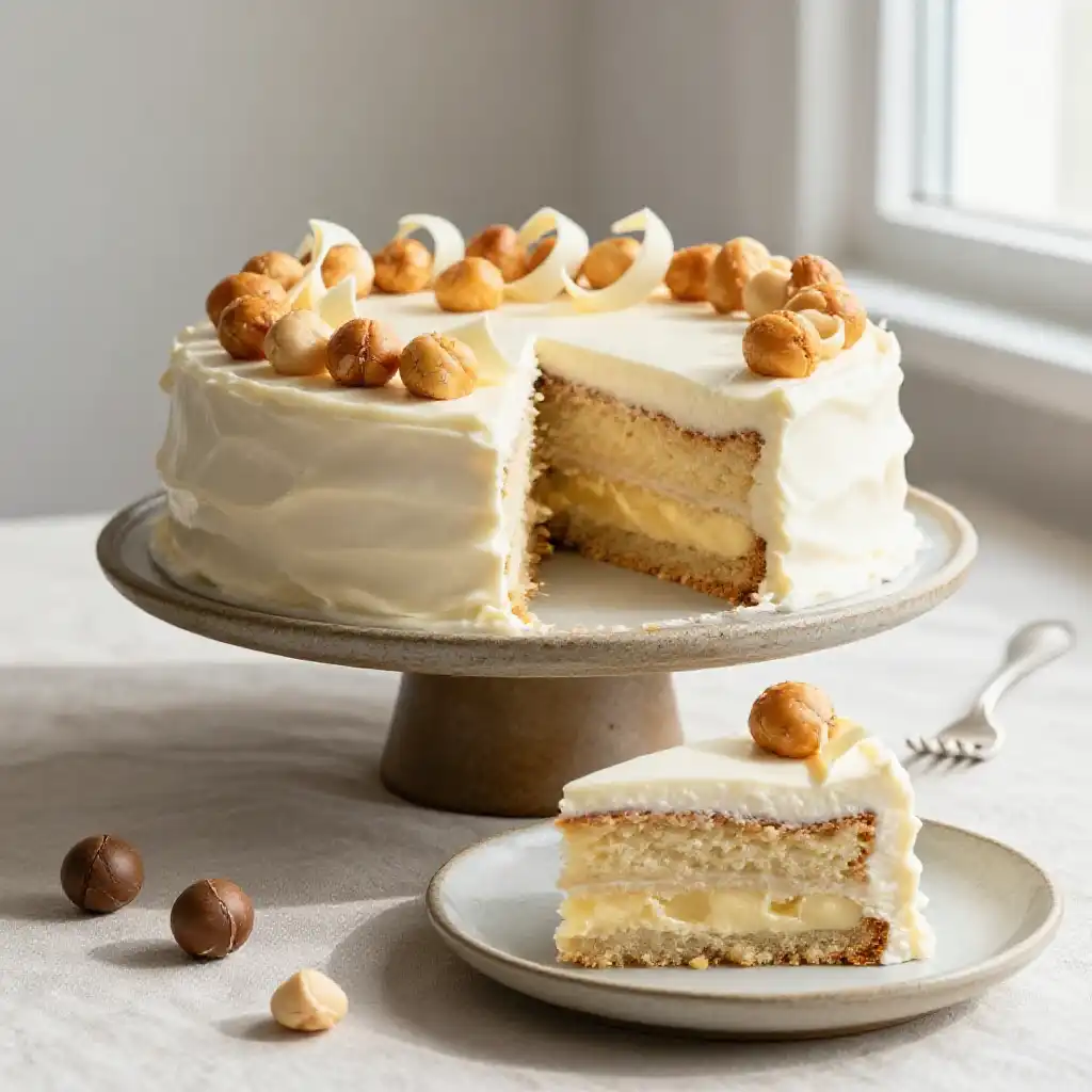 White Chocolate and Roasted Macadamia Cake plated dish