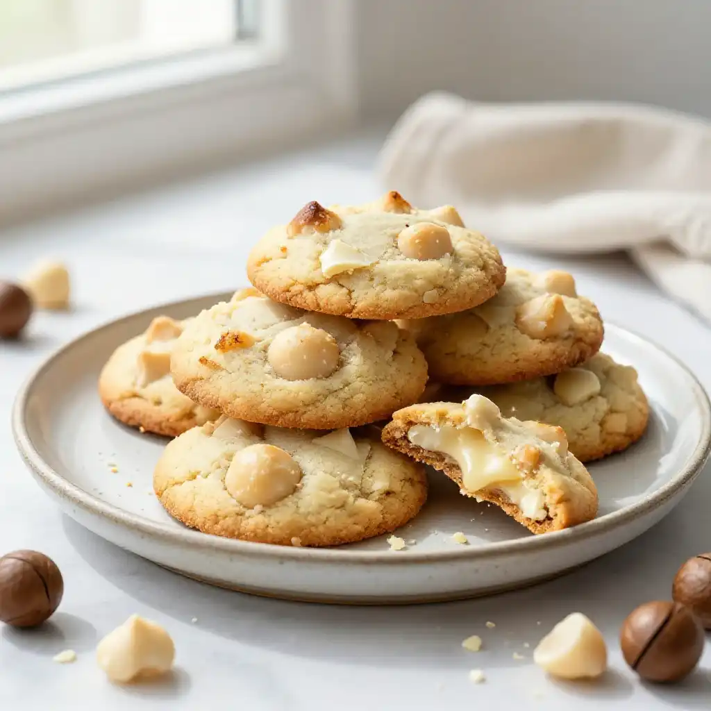 Soft and Chewy White Chocolate Macadamia Nut Cookies plated dish