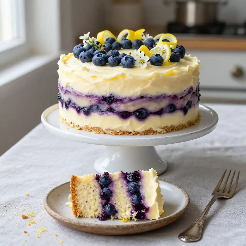 Wild Blueberry and Lemon Zest Layer Cake plated dish