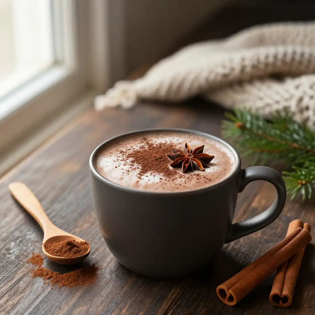 Winter Wellness Hot Cacao with Reishi Mushroom plated dish