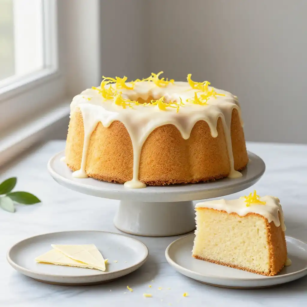 Yuzu and White Chocolate Chiffon Cake plated dish
